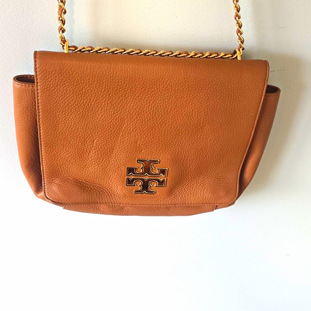 Tory Burch Brown Pebbled Logo Crossbody Bag Gold Chain Strap Zip, Pockets